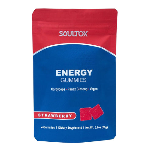 Soultox Energy Mushroom Gummies Strawberry, Vegan Formula with Ginseng, Boosts Energy and Cognitive Function