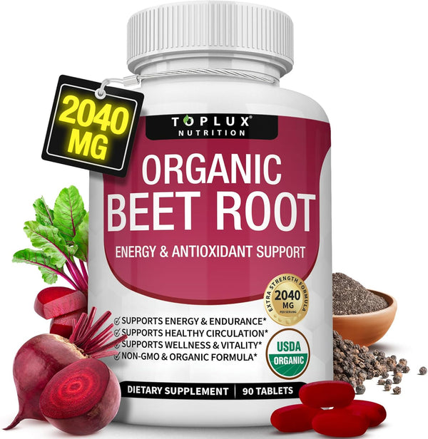 Organic Beet Root Powder Tablets, 2040mg Natural Nitric Oxide Beets, Energy Support, 90 Tablets