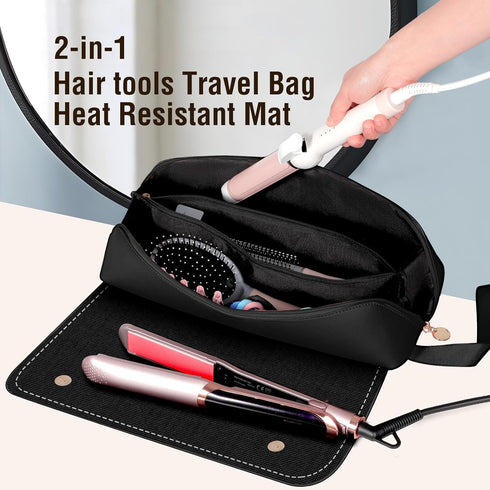 SS Hair Tools Travel Bag and Heat Resistant Mat for Hot Tools, Portable Leather Curling Iron Case for Women, Black