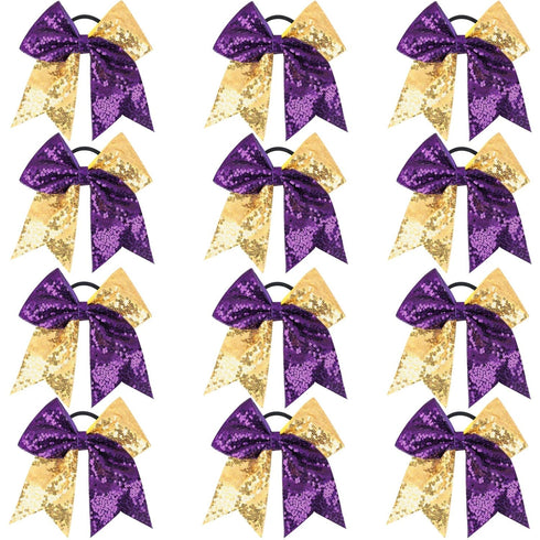 Oaoleer 12 Count 7" Hair Ties for Girls - Large Sparkly Sequin Glitter Cheer Bows, Purple & Gold