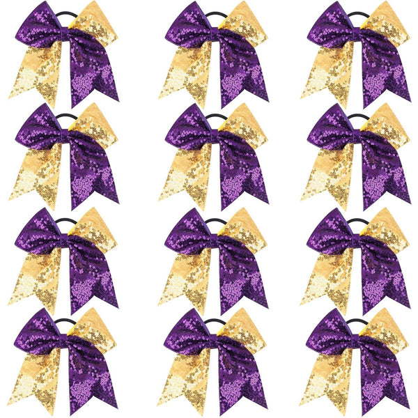 Oaoleer 12 Count 7" Hair Ties for Girls - Large Sparkly Sequin Glitter Cheer Bows, Purple & Gold