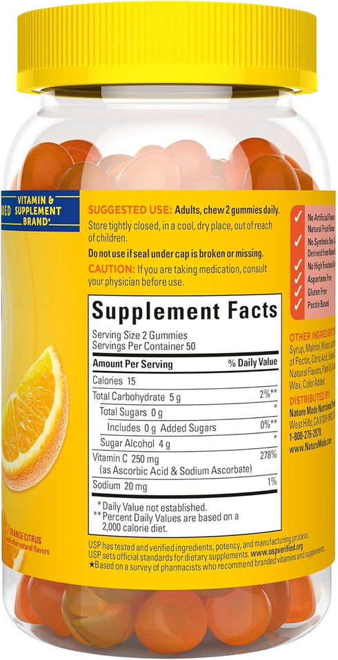Nature Made Zero Sugar Vitamin C Gummies, 250 mg per Serving, 100 Count - Immune & Antioxidant Support