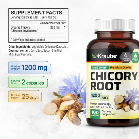 BIO KRAUTER Chicory Fiber Supplement - 1200 mg Strength, 100 Count Inulin Capsules for Digestive Support
