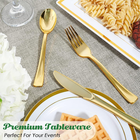 FOCUSLINE 75 Pack Gold Plastic Silverware Set - 25 Forks, 25 Knives, 25 Spoons - Heavy Duty Disposable Cutlery