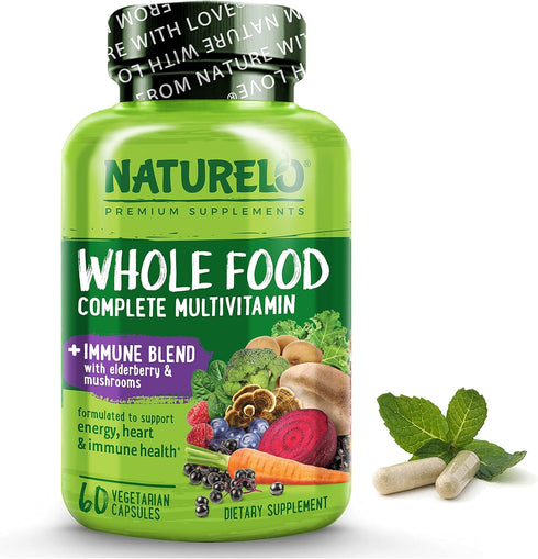 NATURELO Whole Food Multivitamin + Immune Blend with Elderberry & Mushrooms, 60 Vegan Capsules