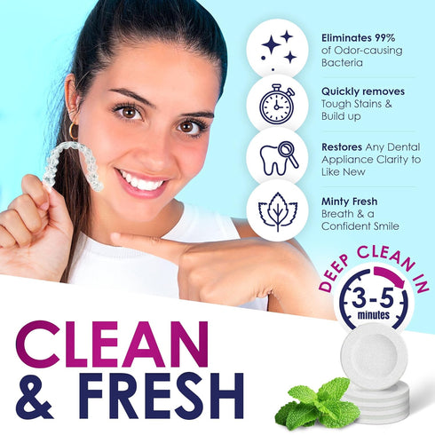 Retainer Cleaner Tablets, Denture Cleaning Tablets, Aligner Cleaner - 120 Tablets, Mint Flavor, Kills 99.9% of Bacteria