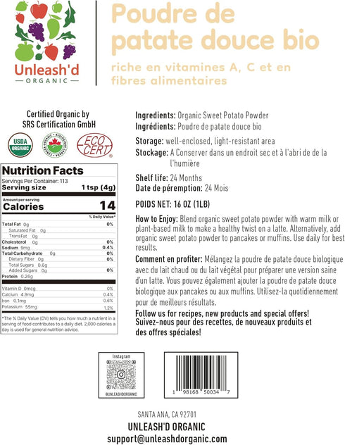 UNLEASH'D ORGANIC 16 oz 100% Immune Unleashd Organic Organic Sweet Potato Powder Pure Natural Superfood, Rich