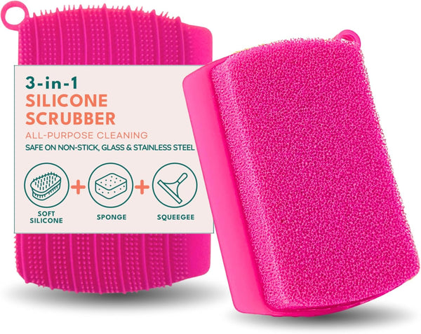 KOOKJEmart 3-in-1 Silicone Scrubber Sponge with Squeegee Non-Scratch Kitchen Sponge for Dishes, Sink