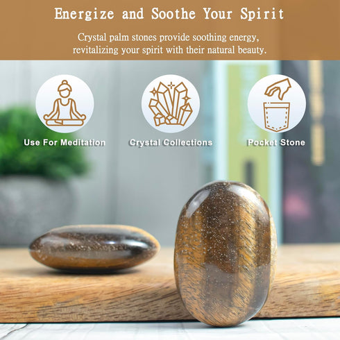 55-60mm Tiger Eye Palm Stone, Natural Body Chakra Balancing Worry Stone, Hand Carved Pocket Massage