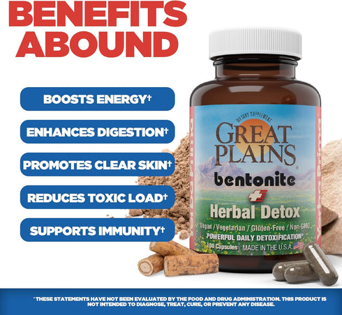 Yerba Prima Bentonite Clay Plus Herbal Detox, 100 Veg Capsules - Food Grade Colon & Liver Cleanse Supplement