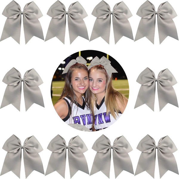 Kenz Laurenz 7" Jumbo Cheer Bow, Silver-Gray, Big Hair Bows with Ponytail Holder, Large Classic Accessories for Teens,