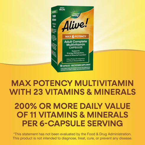 Max6 B12 90 (Packaging Nature's Way Alive! Potency Adult Complete Multivitamin, with Iron, Vitamins A, C, E