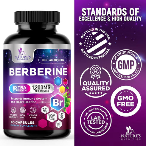 Berberine Supplement 1200mg - High Absorption Berberine HCL Supplement Pills for Heart Health & Immune Support - 60