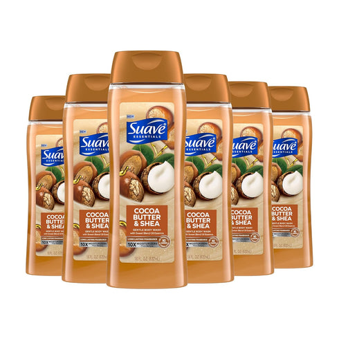 Suave Moisturizing Body Wash, Cocoa Butter and Shea with Vitamin E Extract, 18 Oz Pack of 6, No Parabens