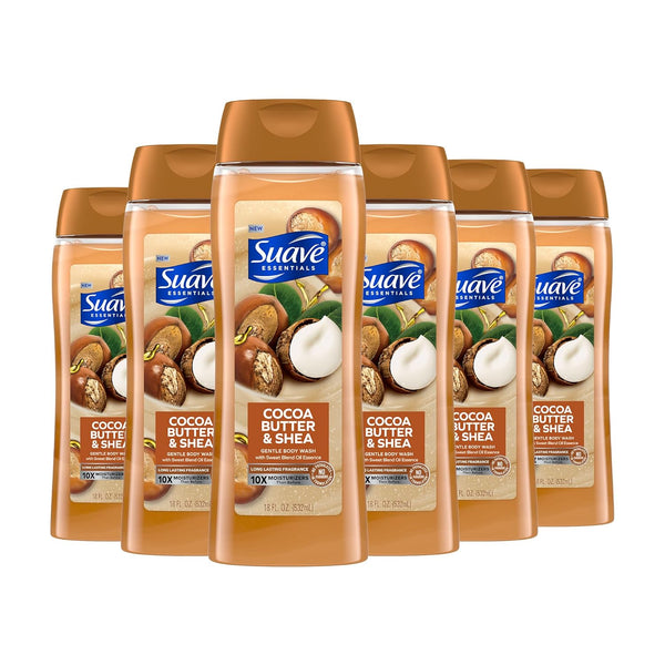 Suave Moisturizing Body Wash, Cocoa Butter and Shea with Vitamin E Extract, 18 Oz Pack of 6, No Parabens
