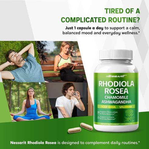 NESSARIT 11-in-1 150 Count RHODIOLA ROSEA Supplement- Natural Blend with Chamomile L-Theanine Ashwagandha Holy Basil