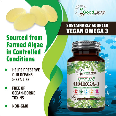 Vegan Omega 3 - Plant Based Algal DHA/EPA - 60 Veggie Softgels for Brain, Heart, Joints & Prenatal Health