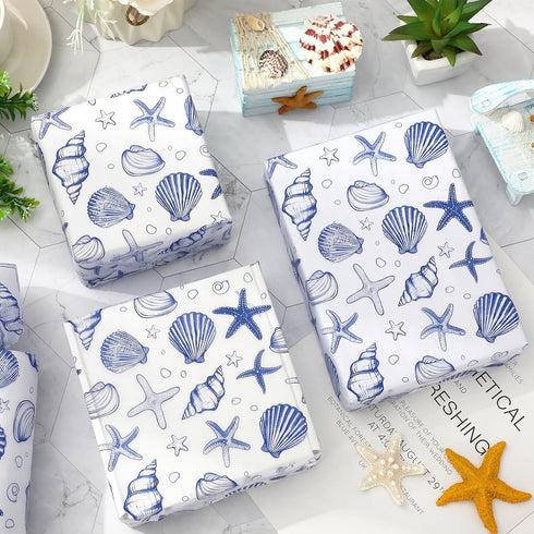 JarThenaAMCS 100 Sheets Blue Ocean Tissue Paper, Sea Shell Starfish Gift Wrapping for Wedding Birthday Summer Party
