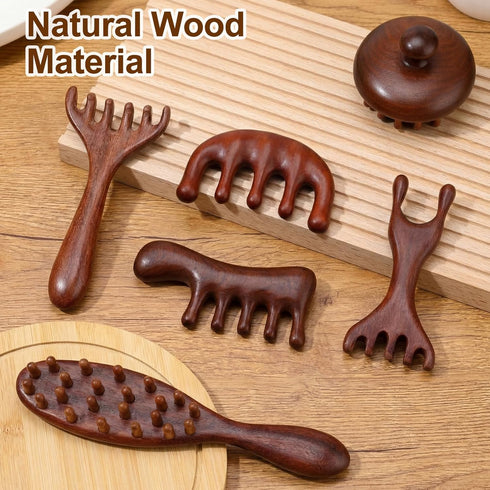 Yiyiring 6 Set Pcs Natural Wooden Scalp Massager Comb Tool with Flocked Storage Bag Scalp Massage Tool for Stress