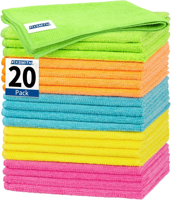 FIXSMITH Microfiber Cleaning Cloth, 20 Pack Lint-Free Reusable Shop Towels for Housekeeping, Kitchen, Car, 12"X12"
