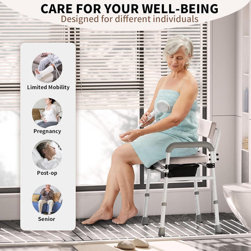 SeatYuPro Commode Adjustable Medical Bedside Chair with Padded Backrest, Drop Arm Support, Height Adjustable White