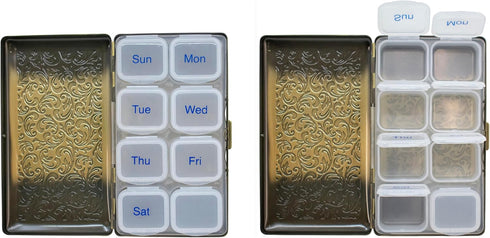 Set 2 (7-Day) of Metal-Plated Weekly Pill Box Case & Portable Medicine Organizer (Large Antique Brass Victorian)