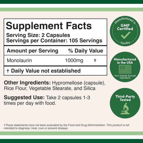 Monolaurin Immune Support Supplement, 1,000mg per Serving, 210 Capsules, Vegan Safe, Non-GMO