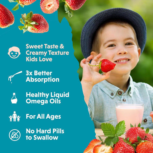 Barlean's Omega Pals Omega 3 for Kids - Yummy Straw-Nana Flavored Liquid Flax Seed Oil Supplement, 8 oz