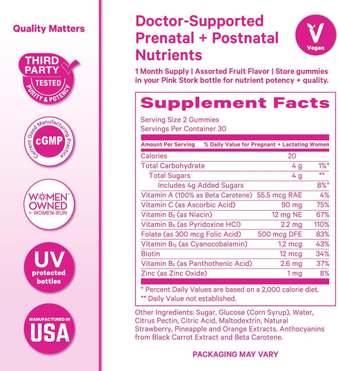 Gummy 60 Gummies Pink Stork Fertility + Prenatal + Postnatal Vitamins Full Motherhood Journey Support Multivitamin