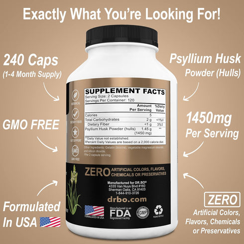 Psyllium Husk Capsule Fiber Supplement, Natural Powder Capsules for Constipation Relief for Adults