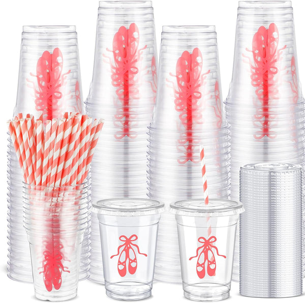 Jingmore 50 Sets Ballerina Disposable Cups with Lids and Straws Plastic Ballet Party