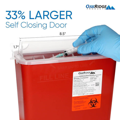 Oakridge Products 5 Quart Sharps Container for Home Use and Professional, Biohazard Needle and Syringe Disposal