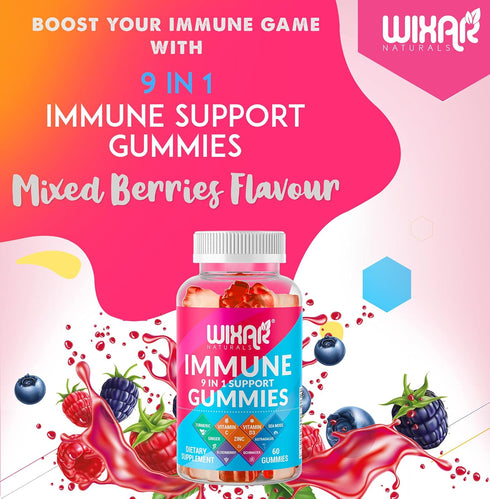 9 in 1 Immune Support Gummies with Elderberry, Vitamin C&D, Zinc, Turmeric, Ginger, 60 Gummies for Immunity Supplement