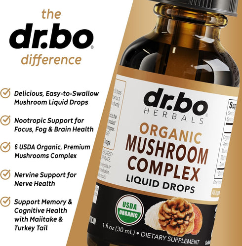 Organic Mushroom Complex Liquid Drops - Adaptogenic Mushroom Supplement with Lion's Mane, Reishi, Turkey Tail, 1oz