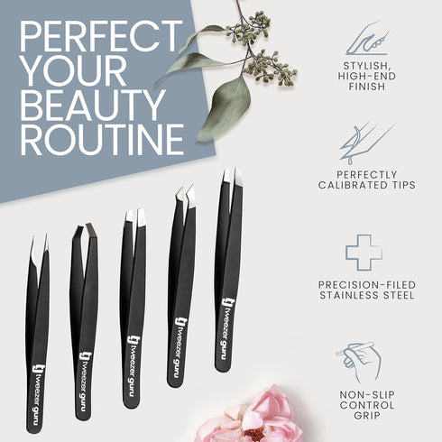 Tweezers Set - 5-piece Stainless Steel Slant Tip and Pointed Eyebrow Tweezers for Precision Hair Removal