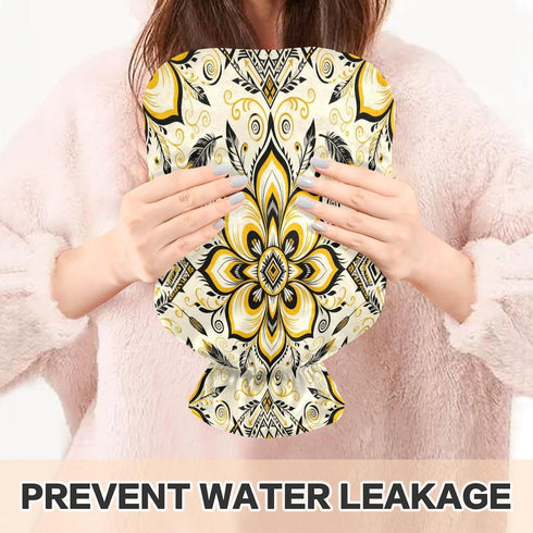 miaozhen 2L Tummy Paisley Flower Dark Black Yellow Gold Water Bottle for hot Water with Soft Cover Warmer Bag