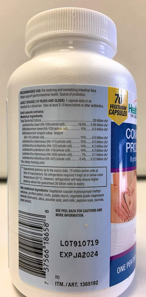 HealthBalance Complete Probiotic - 8 Strains, 30 Billion Active Cells, 70 Vegi Caps for Digestive Health