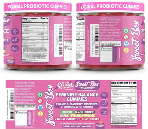 Gummies 60ct Clean Nutra Feminine Balance for Women Pineapple VaginalProbiotics pH Balance Cranberry D Mannose