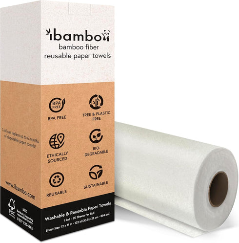 1 Roll of Bamboo Reusable Paper Towels, Heavy Duty & Super Absorbent, Ecofriendly, 20 Sheets Per Roll