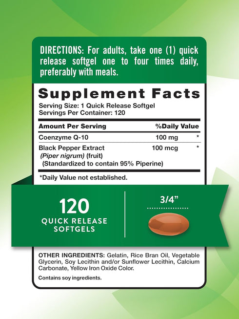 Nature's Truth CoQ10 100mg, 120 Softgels, High Absorption Coenzyme Supplement with Black Pepper Extract