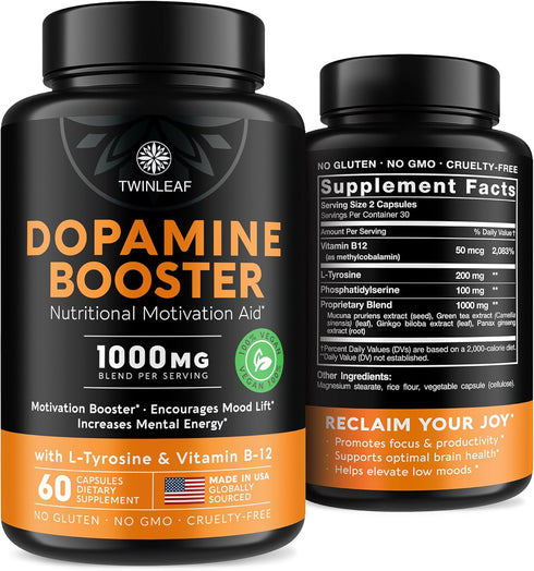Dopamine Brain Support Supplement, 1000 mg Blend with Vitamin B12 and L-Tyrosine, 60 Capsules