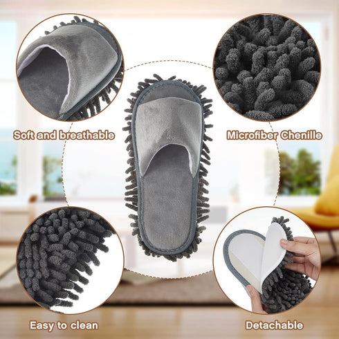 2 Pairs Microfiber Cleaning Mop Slippers, Washable Unisex Dusting Shoes for Floor Cleaning, Gray, Medium
