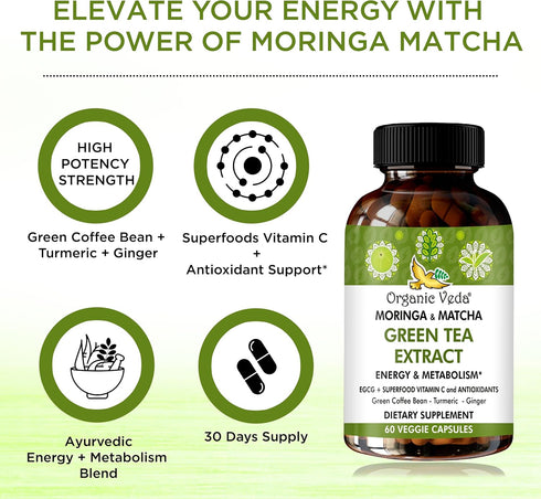 Organic Veda Moringa & Matcha Green Tea Extract Supplement - Energy Boost & Metabolism Support, 60 Count Moringa
