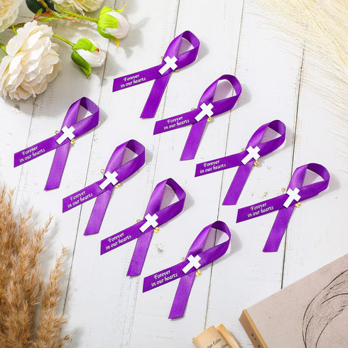 100 Pcs Cross Funeral Ribbons - Memorial Ribbon with Safety Pin for Mourning (Purple)