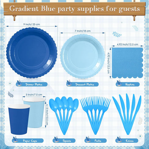 Zhehao 175 Set Pcs Blue Party Supplies Blue Disposable Tableware Kit with Plates, Cups, Napkins, Cutlery Ocean Sea
