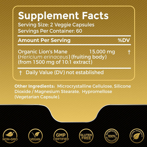 Lions Mane Supplement Capsules - 120 Count - Mushroom Supplement, Brain Supplements for Memory and Focus, Lion's Mane Mushroom Capsules Organic - Cognitive and Immune Support, Focus Supplement
