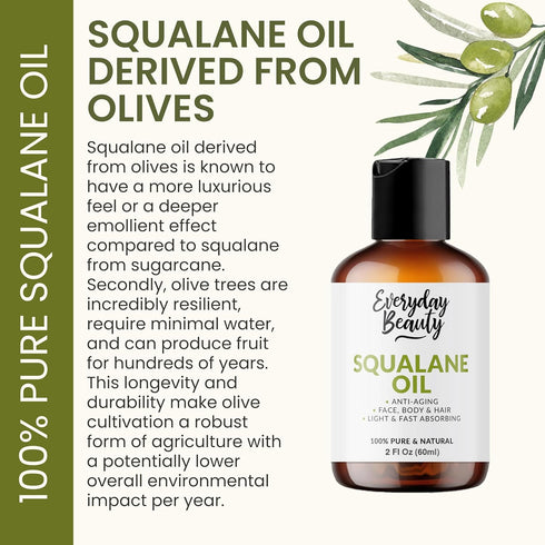 Squalane Oil - 100% Pure & Natural Plant Derived Facial Oil 2 Fl Oz - Cold Pressed Premium Grade Moisturizing Oil