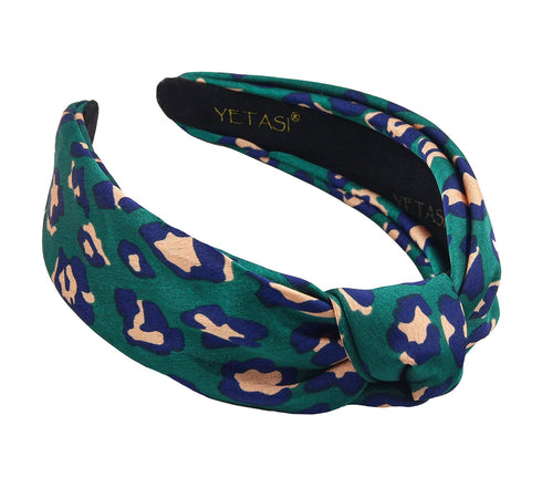 Leopard Satin Headbands for Women, Green Knotted Designer Headband for Women's Hair, Chic Fashion Top Knot Cheetah