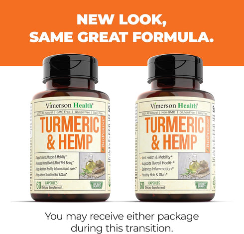 Turmeric and Hemp Capsules - Vegan Joint Support Supplement with Curcumin, Black Pepper & Lemon Balm