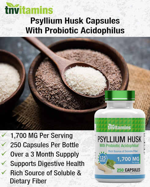 Psyllium Husk Capsules, 1700 MG - 250 Capsules, with Probiotic Acidophilus, Extra Strength